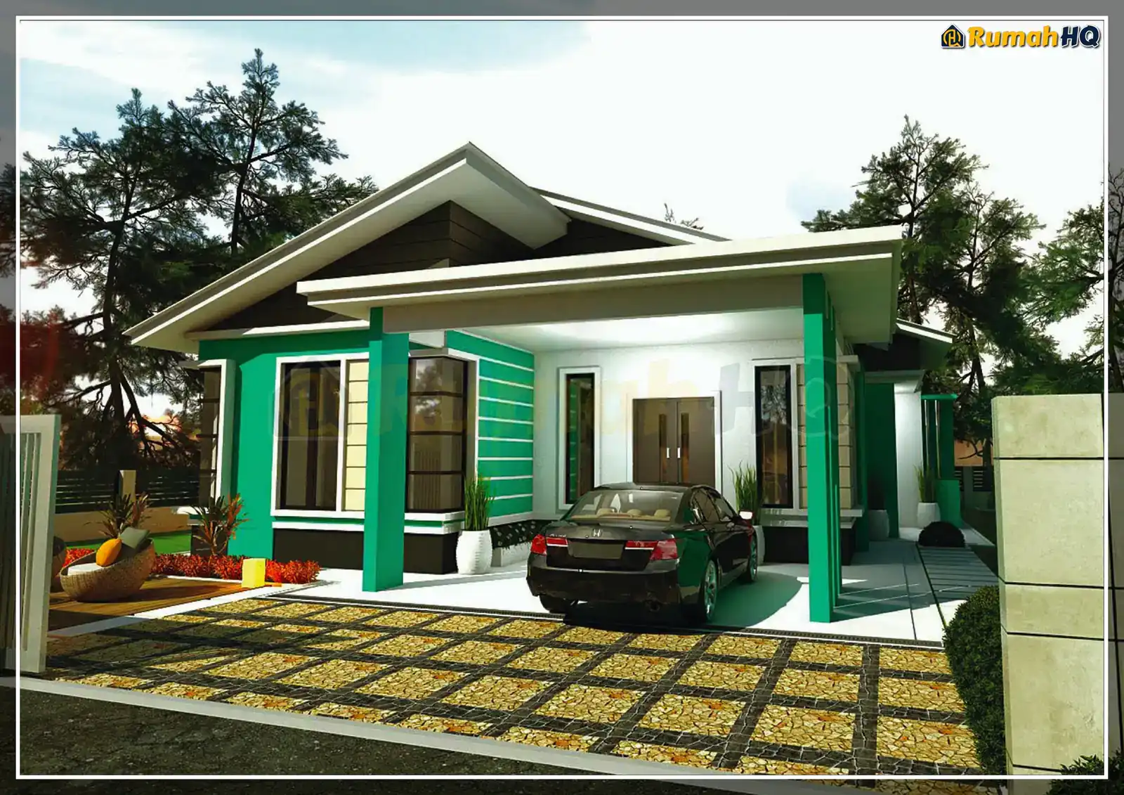 Design rumah RHQ-A4-07, pandangan 3D bahagian depan — Banglo 1 Tingkat · 4 Bilik · 3 Bilik Air