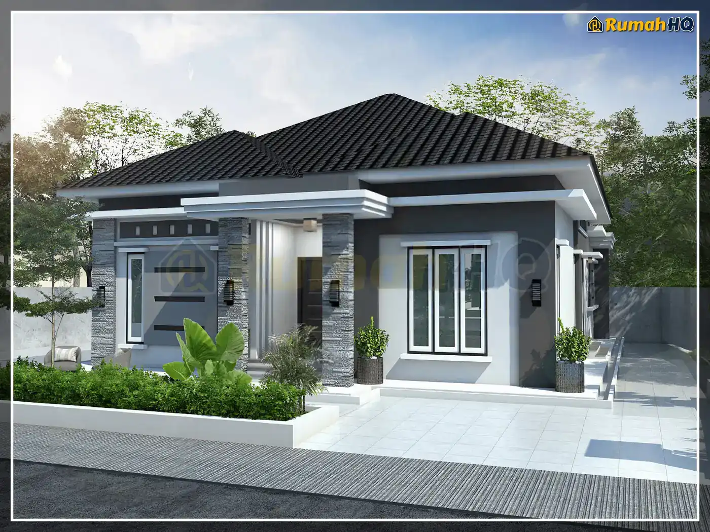 Design rumah RHQ-A5-03, pandangan 3D bahagian depan — Banglo 1 Tingkat · 4 Bilik · 3 Bilik Air