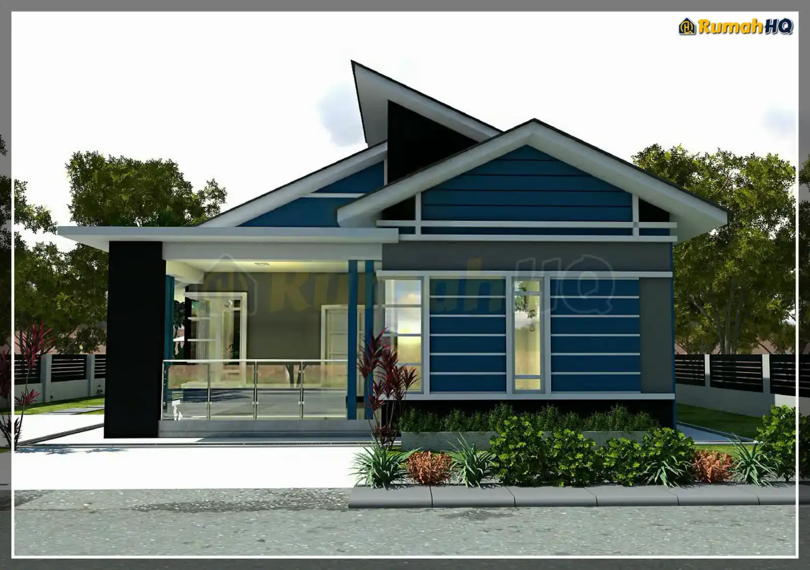 Design rumah RHQ-A5-04, pandangan 3D bahagian depan — Banglo 1 Tingkat · 4 Bilik · 4 Bilik Air