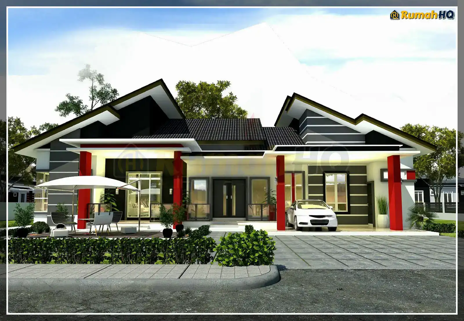 Design rumah RHQ-A5-07, pandangan 3D bahagian depan — Banglo 1 Tingkat · 4 Bilik · 3 Bilik Air