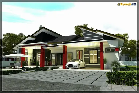 Pandangan 3D 3 daripada 5, rumah RHQ-A5-07 — Banglo 1 Tingkat · 4 Bilik · 3 Bilik Air