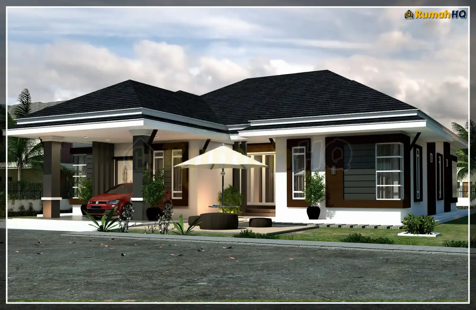 Design rumah RHQ-A5-08, pandangan 3D bahagian depan — Banglo 1 Tingkat · 4 Bilik · 4 Bilik Air