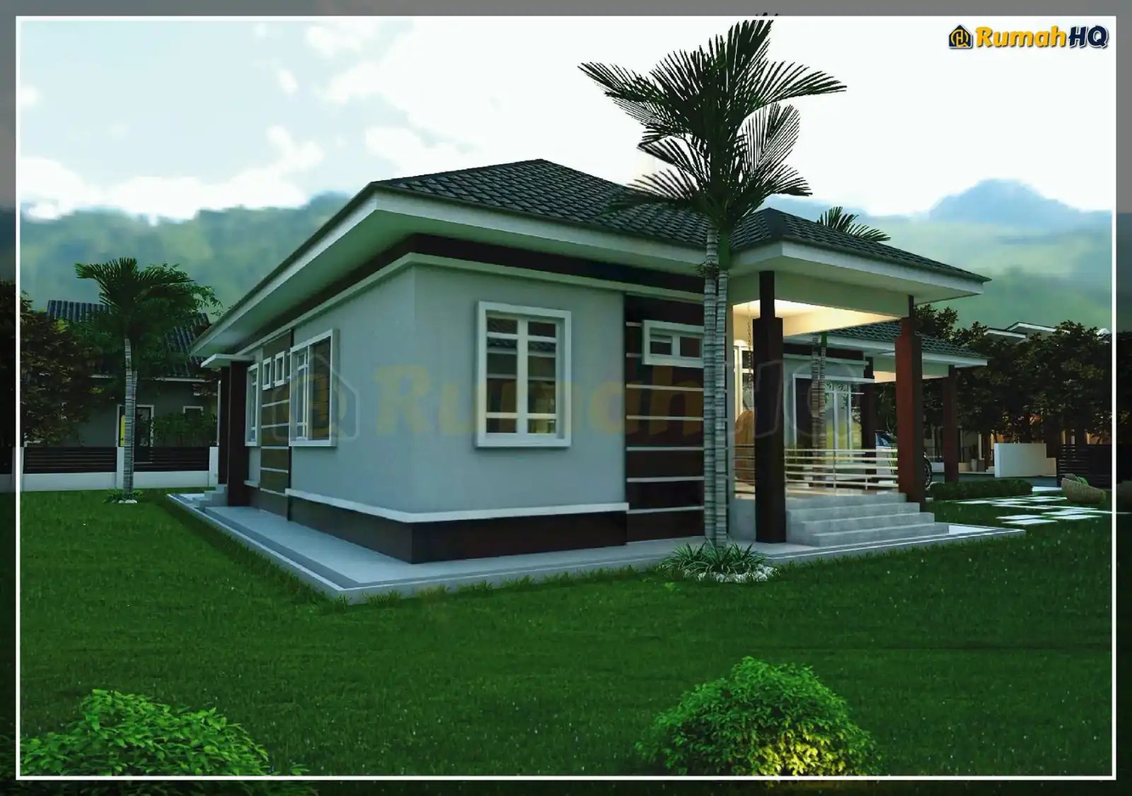 Design rumah RHQ-A5-10, pandangan 3D bahagian depan — Banglo 1 Tingkat · 4 Bilik · 5 Bilik Air