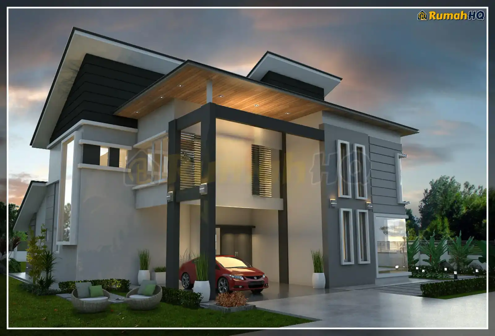 Design rumah RHQ-D1-04, pandangan 3D bahagian depan — Banglo 2 Tingkat · 4 Bilik · 4 Bilik Air