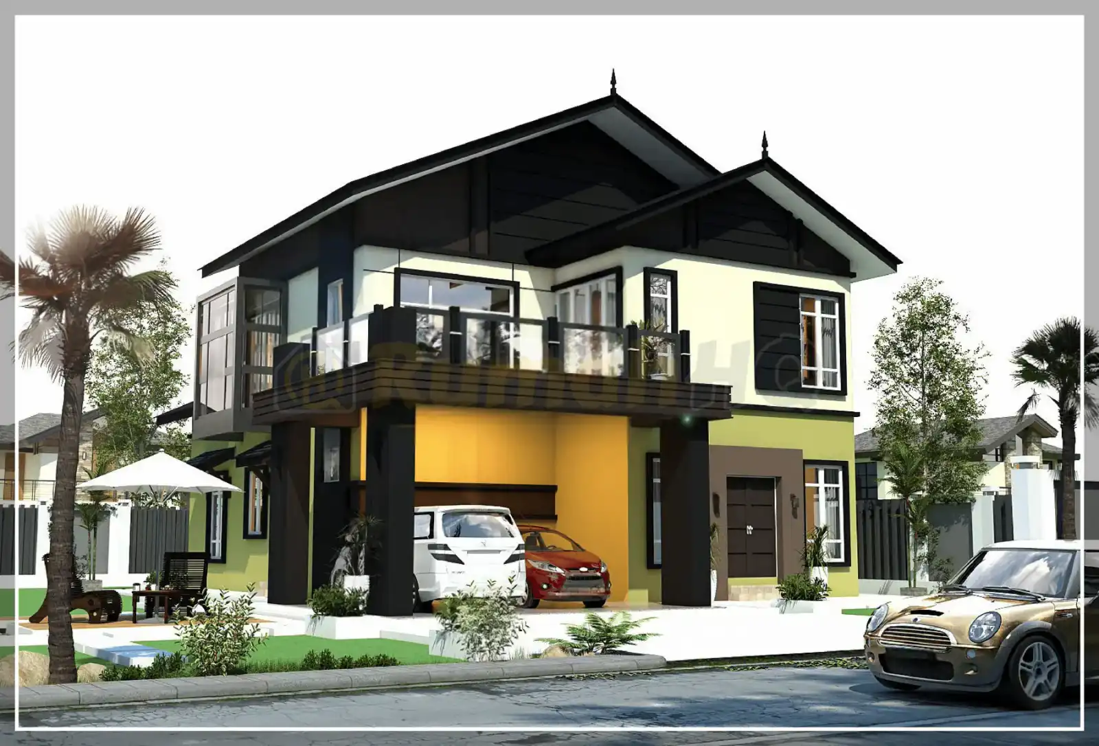 Design rumah RHQ-D1-08, pandangan 3D bahagian depan — Banglo 2 Tingkat · 5 Bilik · 4 Bilik Air