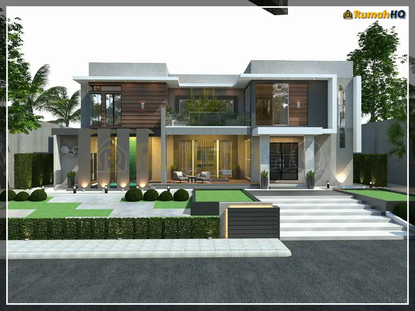 Design rumah RHQ-D1-09, pandangan 3D bahagian depan — Banglo 2 Tingkat · 4 Bilik · 5 Bilik Air