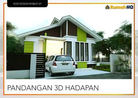 Pandangan 3D 2 daripada 5, rumah RHQ-E1-01 — Banglo 1 Tingkat · 3 Bilik · 3 Bilik Air