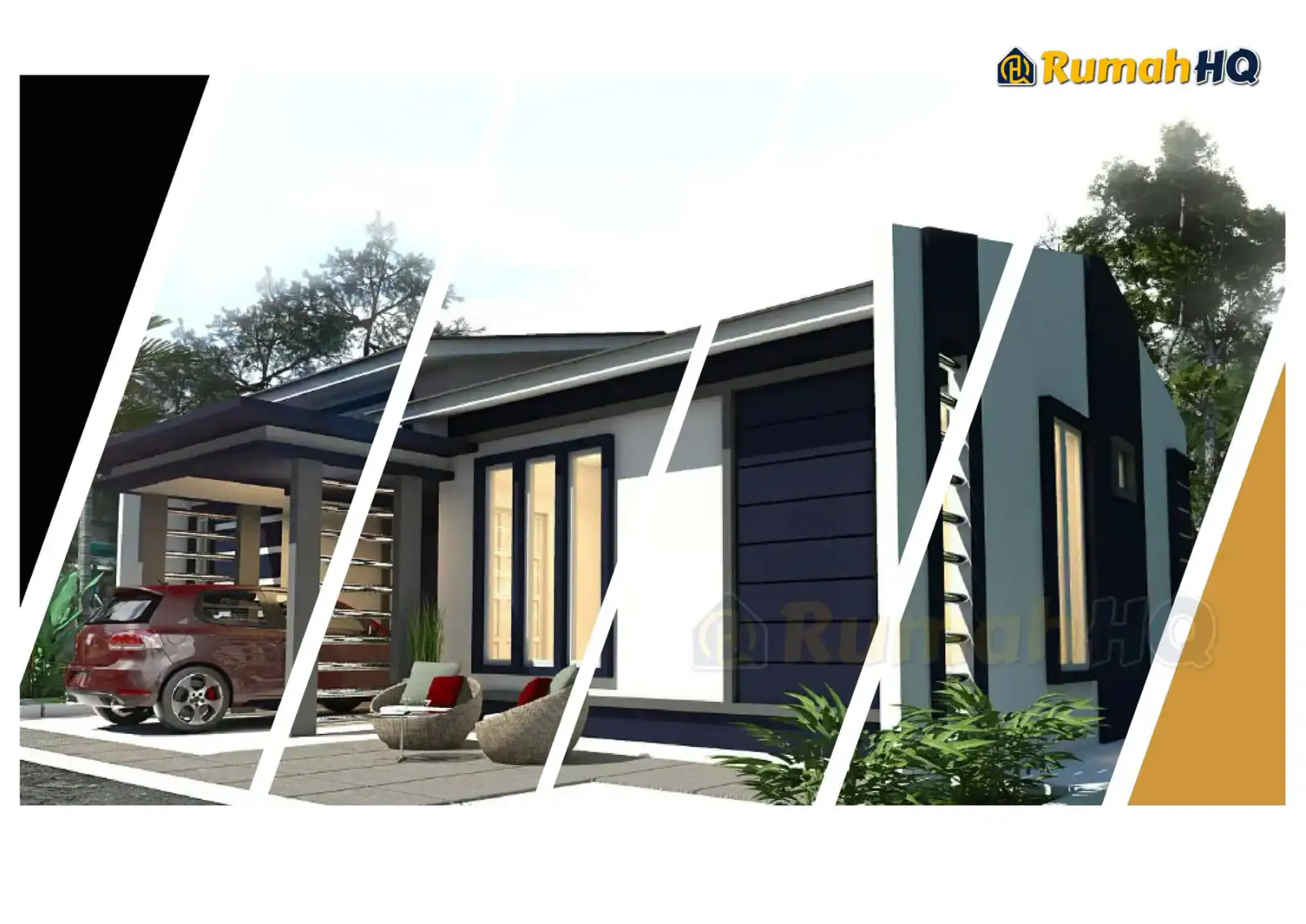 Design rumah RHQ-E1-02, pandangan 3D bahagian depan — Banglo 1 Tingkat · 3 Bilik · 2 Bilik Air