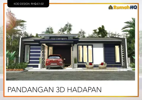 Pandangan 3D 2 daripada 5, rumah RHQ-E1-02 — Banglo 1 Tingkat · 3 Bilik · 2 Bilik Air