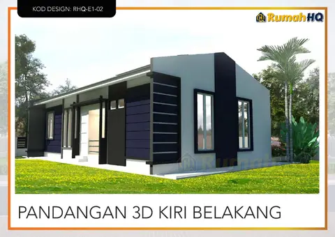 Pandangan 3D 5 daripada 5, rumah RHQ-E1-02 — Banglo 1 Tingkat · 3 Bilik · 2 Bilik Air