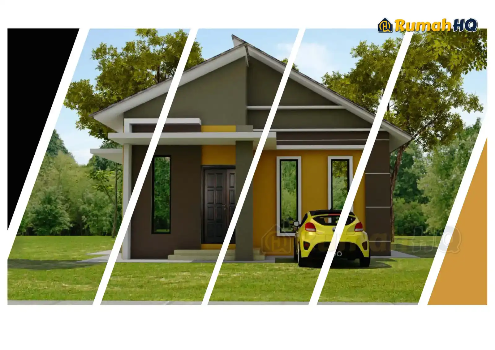 Design rumah RHQ-E1-03, pandangan 3D bahagian depan — Banglo 1 Tingkat · 3 Bilik · 2 Bilik Air