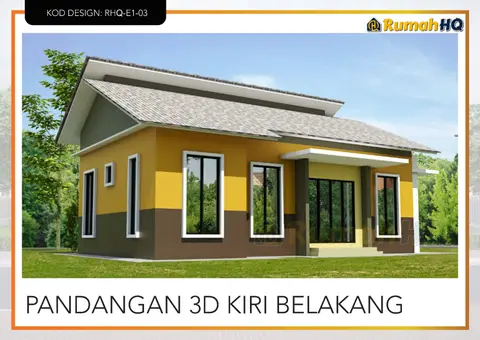 Pandangan 3D 5 daripada 5, rumah RHQ-E1-03 — Banglo 1 Tingkat · 3 Bilik · 2 Bilik Air