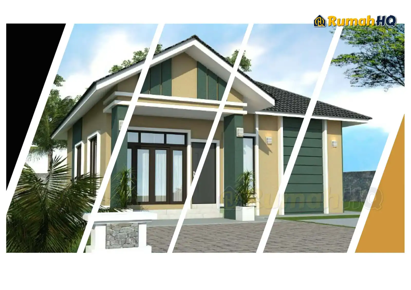 Design rumah RHQ-E1-04, pandangan 3D bahagian depan — Banglo 1 Tingkat · 3 Bilik · 2 Bilik Air