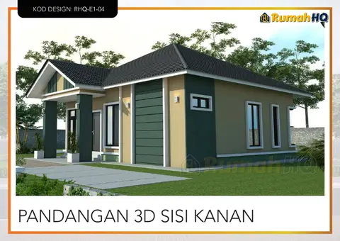 Pandangan 3D 3 daripada 5, rumah RHQ-E1-04 — Banglo 1 Tingkat · 3 Bilik · 2 Bilik Air