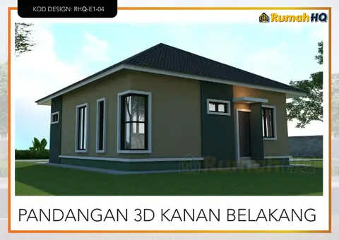 Pandangan 3D 4 daripada 5, rumah RHQ-E1-04 — Banglo 1 Tingkat · 3 Bilik · 2 Bilik Air