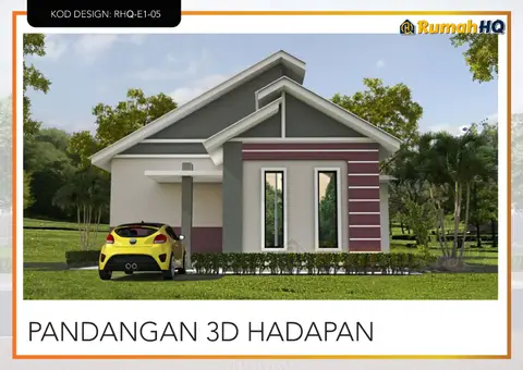 Pandangan 3D 2 daripada 5, rumah RHQ-E1-05 — Banglo 1 Tingkat · 3 Bilik · 2 Bilik Air