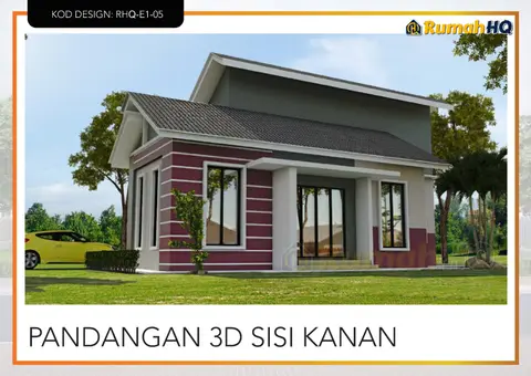 Pandangan 3D 3 daripada 5, rumah RHQ-E1-05 — Banglo 1 Tingkat · 3 Bilik · 2 Bilik Air