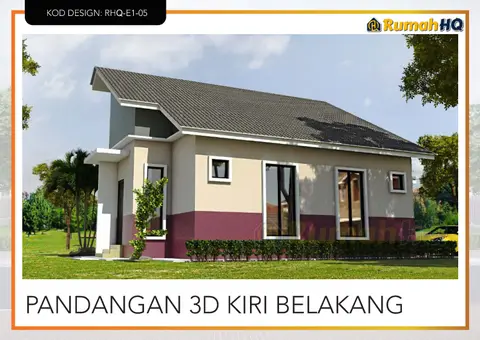Pandangan 3D 5 daripada 5, rumah RHQ-E1-05 — Banglo 1 Tingkat · 3 Bilik · 2 Bilik Air