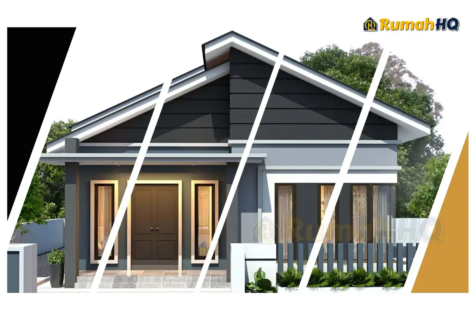 Design rumah RHQ-E1-06, pandangan 3D bahagian depan — Banglo 1 Tingkat · 3 Bilik · 2 Bilik Air