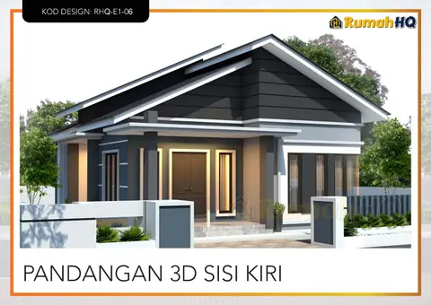 Pandangan 3D 3 daripada 5, rumah RHQ-E1-06 — Banglo 1 Tingkat · 3 Bilik · 2 Bilik Air