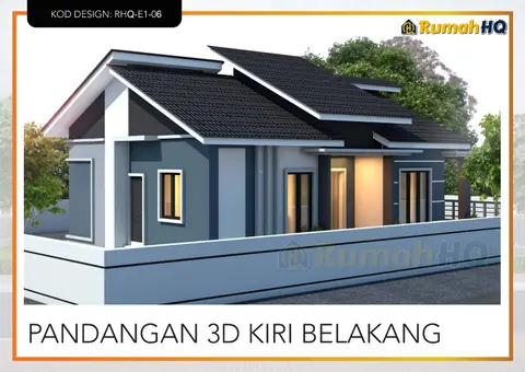 Pandangan 3D 5 daripada 5, rumah RHQ-E1-06 — Banglo 1 Tingkat · 3 Bilik · 2 Bilik Air