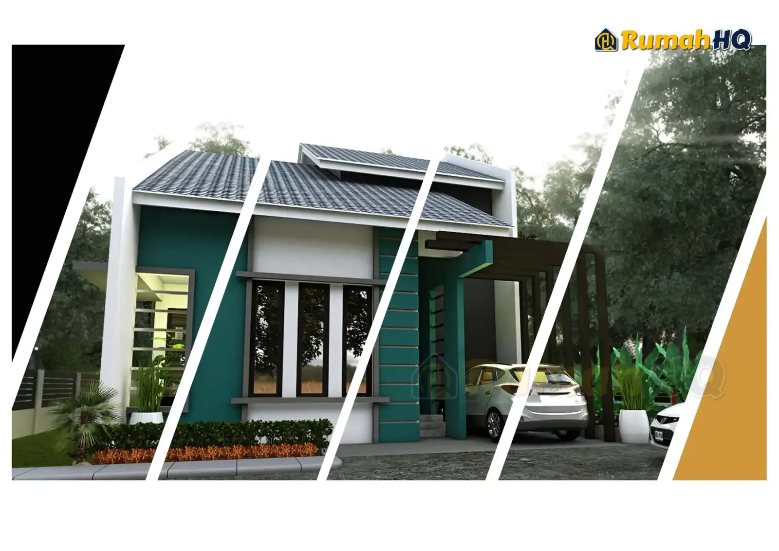 Design rumah RHQ-E1-07, pandangan 3D bahagian depan — Banglo 1 Tingkat · 3 Bilik · 2 Bilik Air
