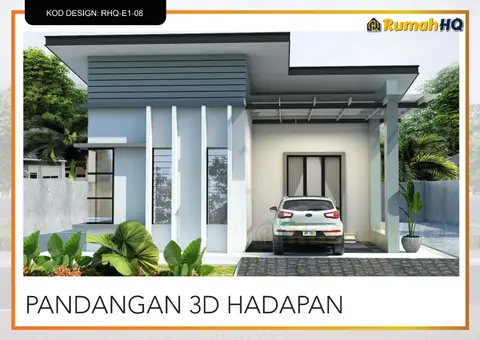 Pandangan 3D 2 daripada 5, rumah RHQ-E1-08 — Banglo 1 Tingkat · 4 Bilik · 2 Bilik Air