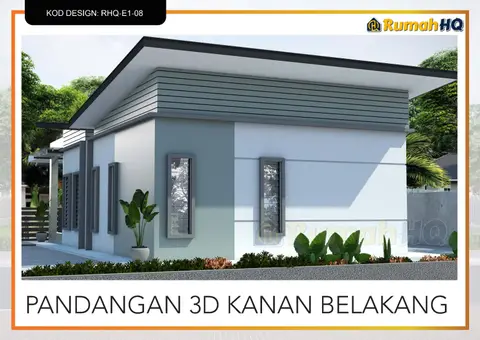 Pandangan 3D 4 daripada 5, rumah RHQ-E1-08 — Banglo 1 Tingkat · 4 Bilik · 2 Bilik Air