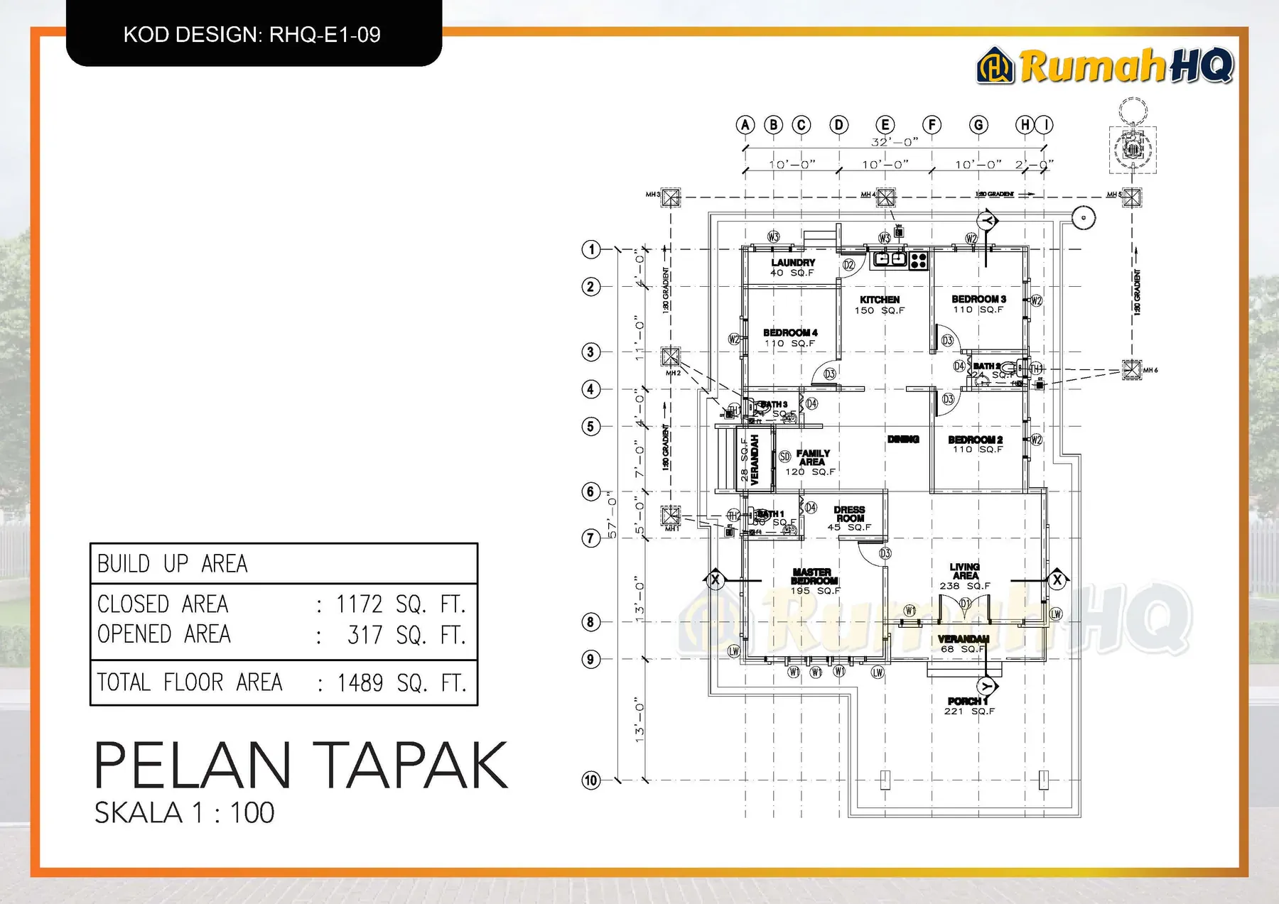Pelan lantai RHQ-E1-09 dengan susun atur empat bilik tidur dan jadual keluasan