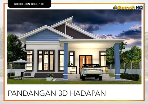 Pandangan 3D 2 daripada 5, rumah RHQ-E1-09 — Banglo 1 Tingkat · 4 Bilik · 3 Bilik Air