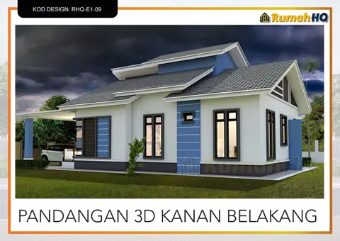 Pandangan 3D 4 daripada 5, rumah RHQ-E1-09 — Banglo 1 Tingkat · 4 Bilik · 3 Bilik Air