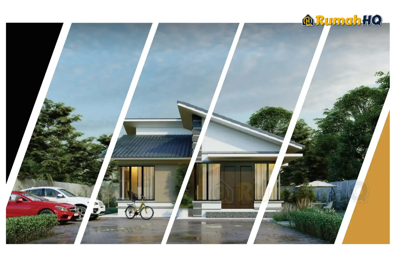 Design rumah RHQ-E1-10, pandangan 3D bahagian depan — Banglo 1 Tingkat · 3 Bilik · 3 Bilik Air