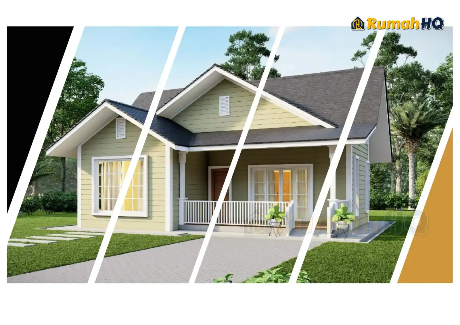 Design rumah RHQ-E3-01, pandangan 3D bahagian depan — Banglo Mini 1 Tingkat · 2 Bilik · 2 Bilik Air