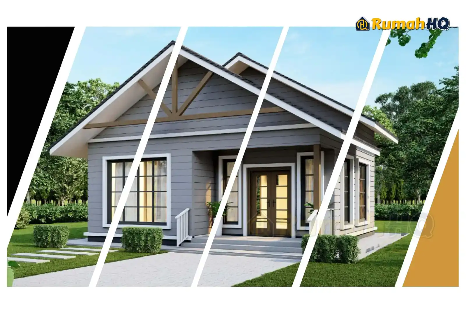 Design rumah RHQ-E3-03, pandangan 3D bahagian depan — Banglo Mini 1 Tingkat · 2 Bilik · 2 Bilik Air