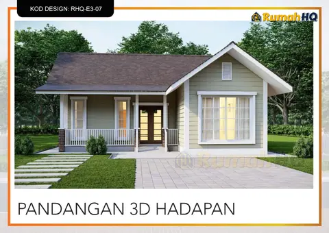 Pandangan 3D 2 daripada 5, rumah RHQ-E3-07 — Banglo Mini 1 Tingkat · 2 Bilik · 2 Bilik Air
