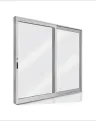 Pintu ruang makan / tamu: Pintu gelangsar aluminium 1800 × 2100mm, natural anodised, kaca jernih 6mm