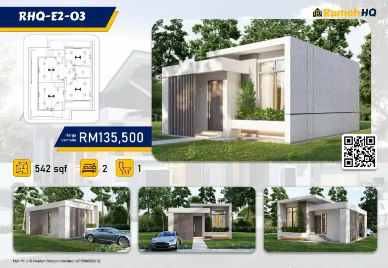 RHQ-E2-03 5 Modern single-story house with sleek design, 542 sq ft, 2 bedrooms, 1 bath. Priced at RM135,500 by Rumah HQ.
