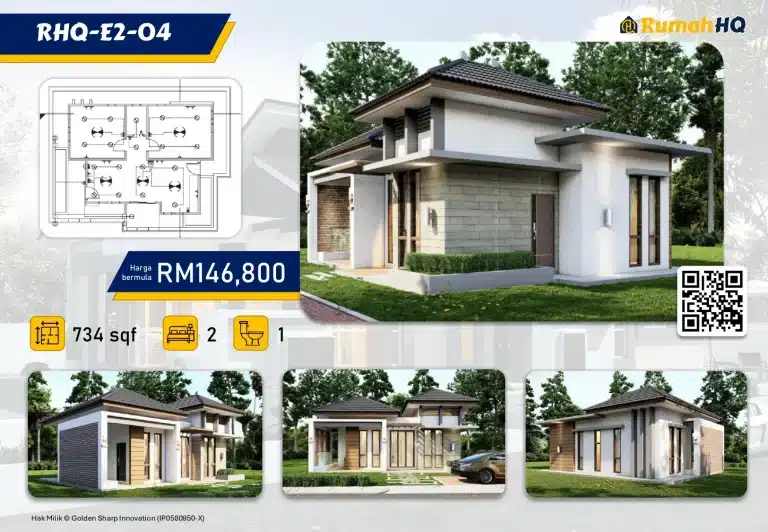 RHQ-E2-04 4 Modern single-story house design 734 sqft, 2 bedrooms, 1 bathroom, starting from RM146,800. QR code included.