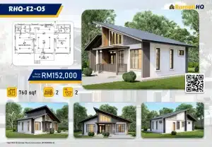 Modern affordable house design RHQ-E2-05, 760 sqft, 2 bedrooms, 2 bathrooms, RM152,000. Floor plan and exterior view.