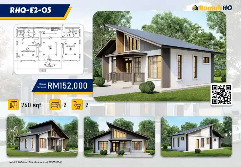 🌬️ Rahsia Penghawa Dingin: 8 Cara Gila Jimat Elektrik & Selamatkan Duit Anda! 4 Modern affordable house design RHQ-E2-05, 760 sqft, 2 bedrooms, 2 bathrooms, RM152,000. Floor plan and exterior view.