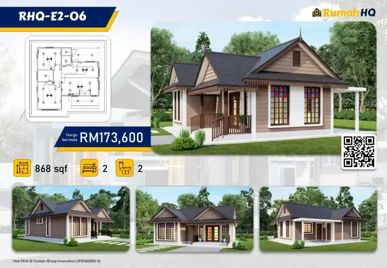 RHQ-E2-06 13 Modern bungalow design with floor plan, 868 sqft, 2 bedrooms, 2 bathrooms, priced at RM173,600 by Rumah HQ.