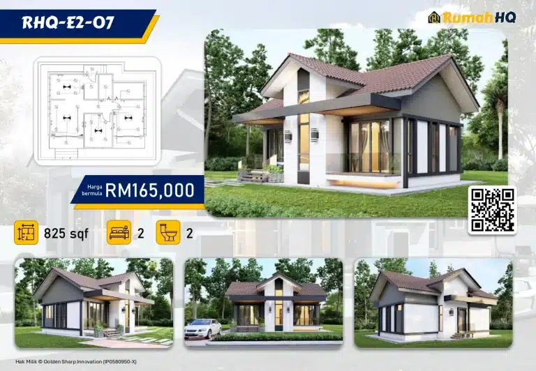 RHQ-E2-07 12 Modern single-story house design, 825 sqft, 2 bedrooms, 2 bathrooms, RM165,000, surrounded by greenery.
