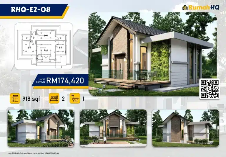 RHQ-E2-08 3 Modern tiny house design with 2 bedrooms, 1 bathroom, 918 sqft, priced at RM174,420. Includes architectural plan.