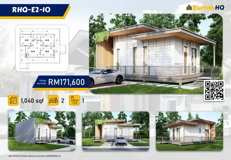 RHQ-E2-10 1 Modern house design with floor plan and price, 1,040 sq ft, 2 bedrooms, 1 bathroom, by Rumah HQ.