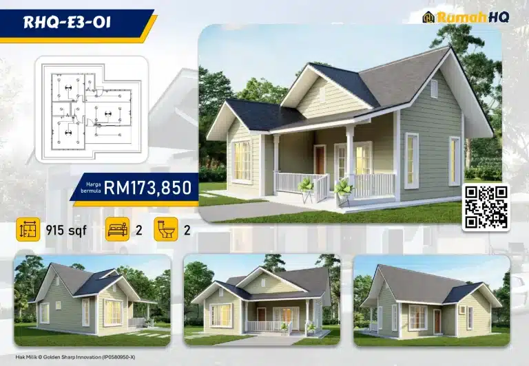 RHQ-E3-02 10 Single-story house design, 915 sqft, 2 bedrooms, 2 bathrooms, price RM173,850, with floor plan and exterior views.