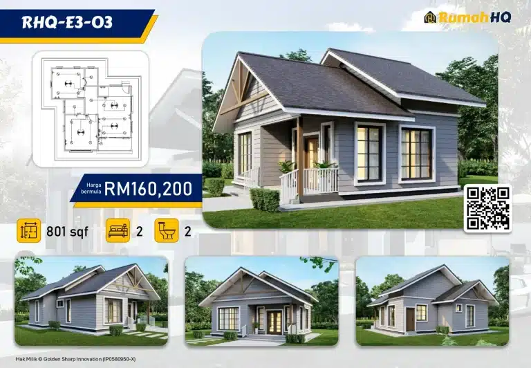RHQ-E3-03 9 Modern gray house design with floor plan, priced at RM160,200. 801 sq. ft., 2 bedrooms, 2 bathrooms. QR code included.