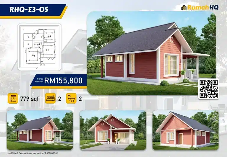 RHQ-E3-05 7 Single-story red house design, 779 sq ft, 2 bedrooms, 2 bathrooms, starting price RM155,800 with floor plan.