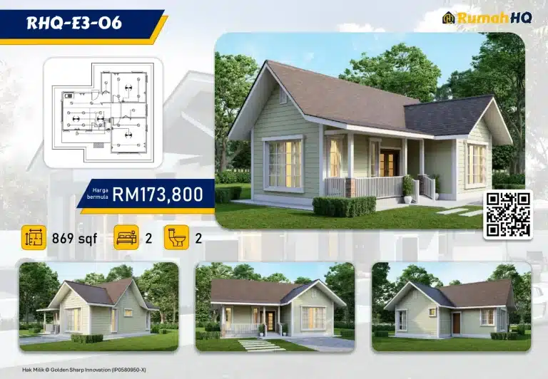 RHQ-E3-06 6 Single-story house design, 869 sqft, 2 bedrooms, 2 bathrooms, starting at RM173,800, with floor plan.