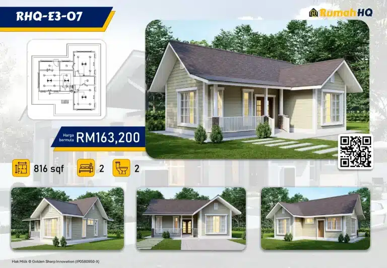 RHQ-E3-07 5 Cozy single-story house with 2 bedrooms, 2 baths; 816 sqft. Modern design priced at RM163,200. Floor plan included.