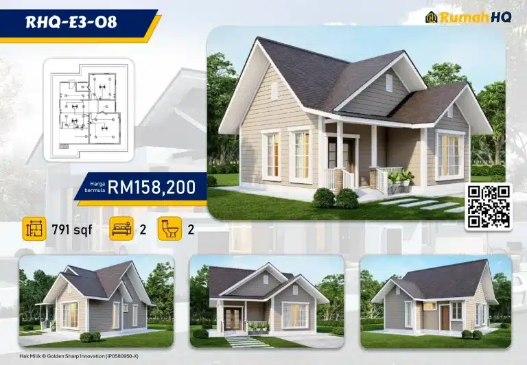 RHQ-E3-08 4 Single-story house design with 2 bedrooms, 2 bathrooms, priced at RM158,200, 791 sqft. QR code and floor plan included.